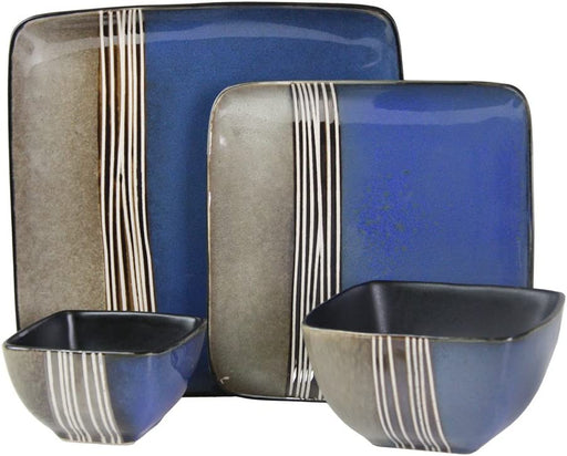 Square Stoneware Loft Collection Dinnerware Dish Set, 16 Piece, Blue and Tan with White Accents