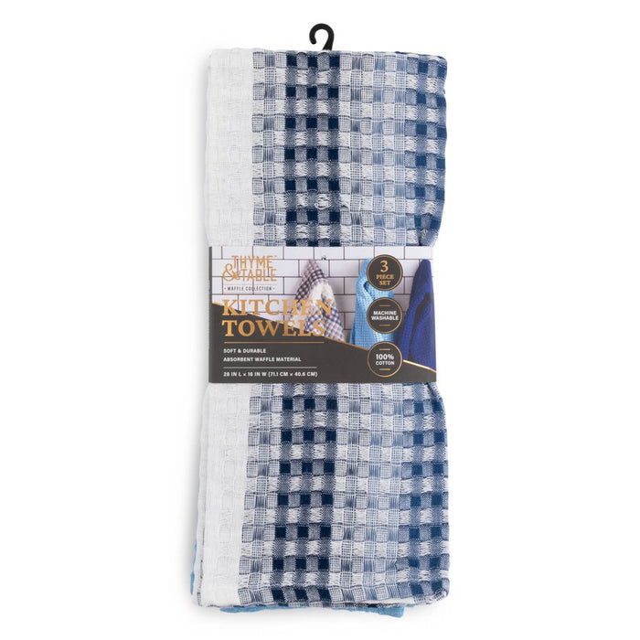 Cotton Waffle Kitchen Towels, Blue White, 3-Piece Set