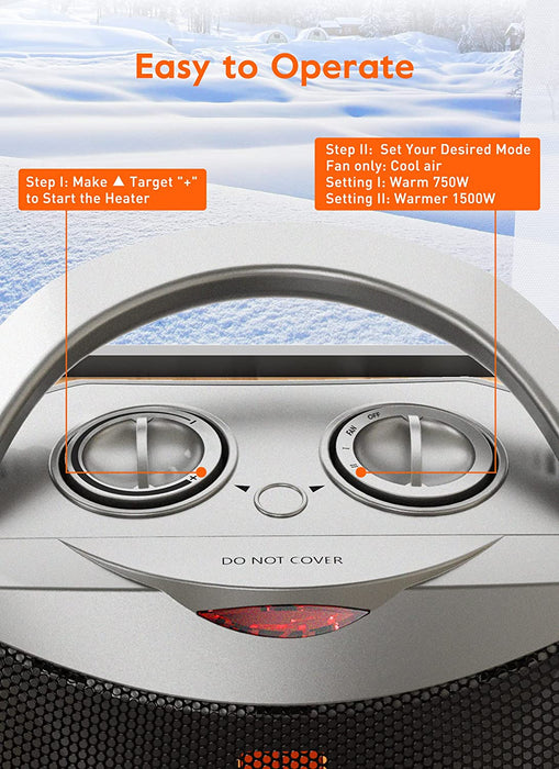 Portable Electric Space Heater with Thermostat, 1500W/750W Safe and Quiet Ceramic Heater Fan, Heat up 200 Square Feet for Office Room Desk Indoor Use, Silver