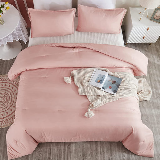 Pink Comforter Set Full Size for Girls, 3 Pieces Blush Women Plain Bedding Set & Collections, All Season Bed Set (79X90In Comforter & 2 Pillowcases)