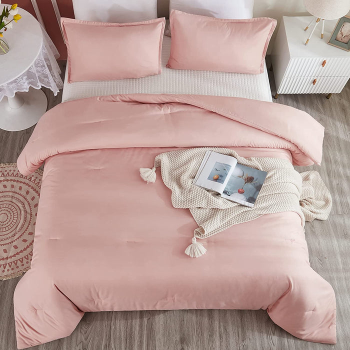 Pink Comforter Set Full Size for Girls, 3 Pieces Blush Women Plain Bedding Set & Collections, All Season Bed Set (79X90In Comforter & 2 Pillowcases)