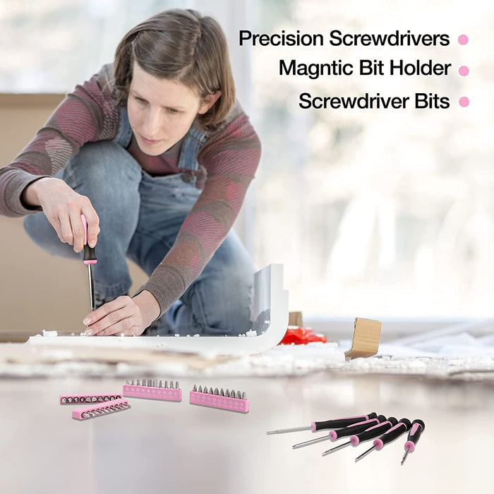 Pink Tool Kit - Hand Tool Set with Easy Carrying round Pouch - Durable, Long Lasting Chrome Finish Tools - Household Tool Kit Perfect for DIY, Home Maintenance - Pink Ribbon