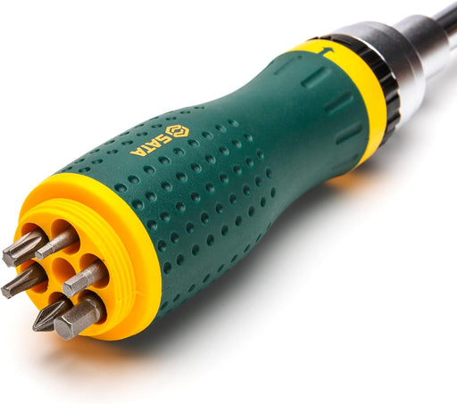 19-In-1 Multipurpose Ratcheting Screwdriver Set with 8 Double-Sided Bits and a Green and Yellow Oil-Resistant Handle - ST09350, 10 Piece