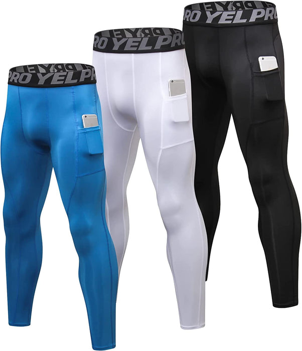 3 Pack Men'S Compression Pants Cool Dry Athletic Tights Sport Leggings with Pocket Baselayer for Running Football Yoga