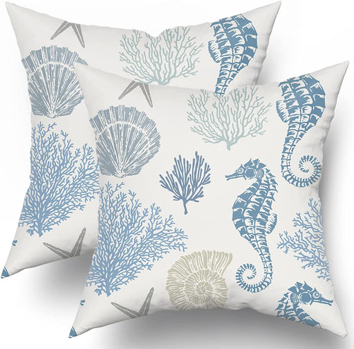 Nautical Coastal Pillow Covers 18X18 Set of 2 Coral Seashell Starfish Seahorse Beach Decorative Throw Pillows Summer Ocean Pillowcase Cotton Square Cushion Cover Decor for Home Couch Bed Soft