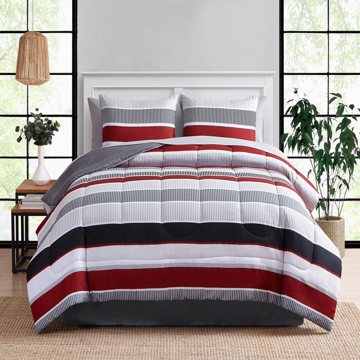 Mainstays Red and Gray Stripe 8 Piece Bed in a Bag Comforter Set with Sheets, King