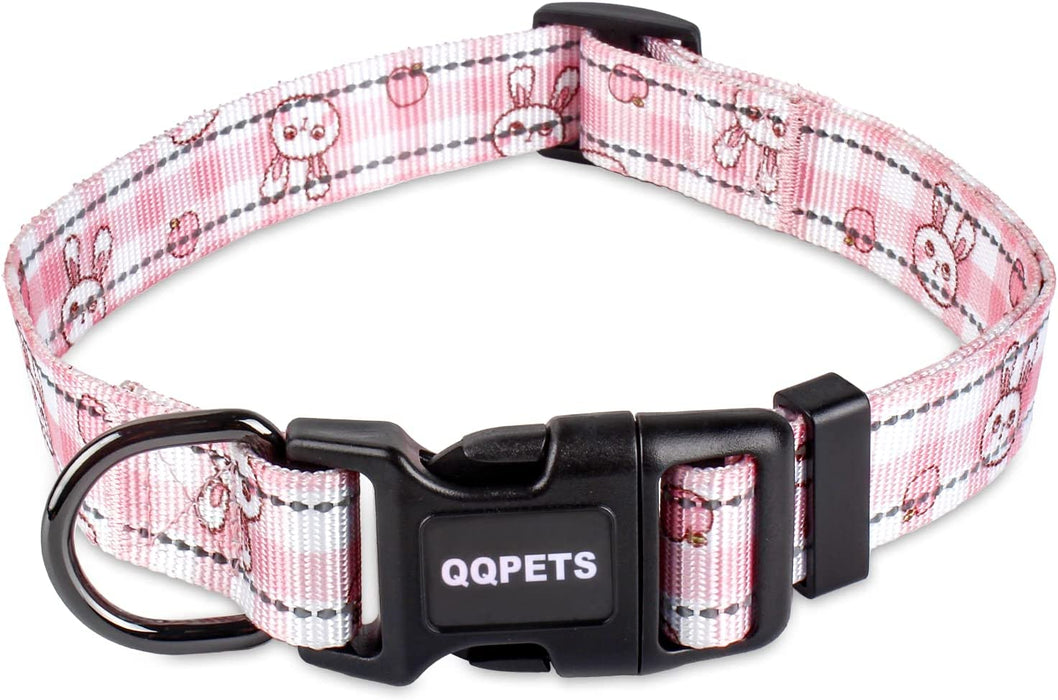 QQPETS Adjustable Soft Dog Collar: Print Flower Pink Multicolor Cute Patterns for XS Small Medium Large Pet Girl Boy Puppy Walking Running Training (M, Bone)