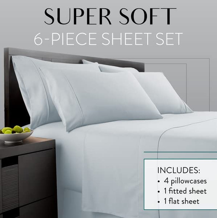 Ice Blue Queen Size Bed Sheets Set - 6 Pc Soft Bedding & Pillowcases Set W/ Deep Pockets - Breathable, Wrinkle Free & Fade Resistant
