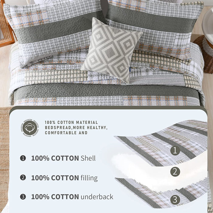 Quilt Queen Size 100% Cotton Queen Size Quilts Greyish Green White Bedspreads Plaid Quilts Lightweight Soft Breathable Bedding Sets for All Season, 3 Piece