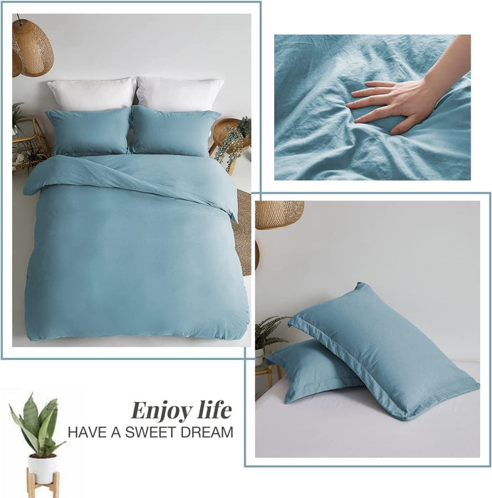 Duvet Cover Queen Size - Super Soft Grayish Blue Duvet Cover Set 3 Piece 100% Washed Microfiber Bedding Set with Zipper Closure, 1 Comforter Cover 90X90 Inches and 2 Pillow Shams