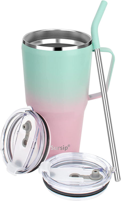 40Oz Insulated Tumbler with Handle,Stainless Steel Vacuum Mug with Lid and Straw,Maintains Cold and Heat for Hours,Sweat Proof/Leak Proof/Dishwasher Safe,Car Holder Cups-Green&Pink