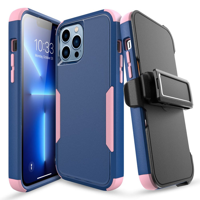 for Iphone 13 Pro Max/13 Pro/13/13 Mini Phone Case with Belt Clip Stand Shockproof Protective Case Hybrid Armor Cover, Navy Blue