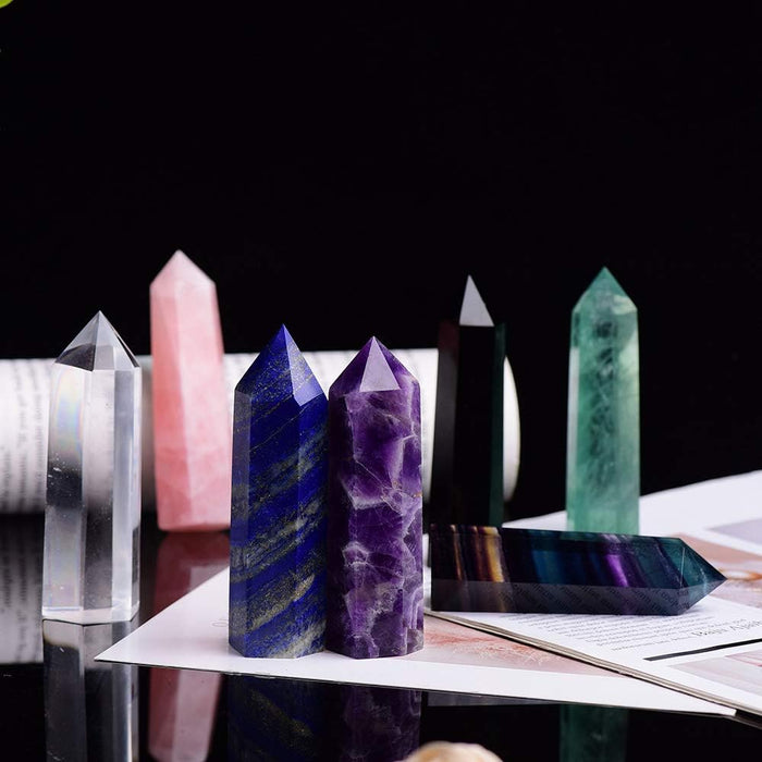 7Pcs Natural Crystal Healing Wands, Height 3.3"-3.5" Single Point Healing Crystal Wand 6 Faceted Reiki Chakra Stones Crystal Healing Prism for Reiki, Home Decor