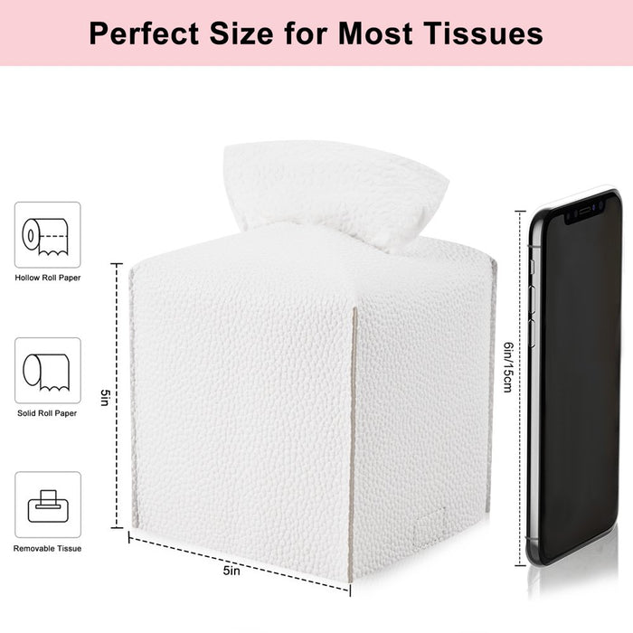 White Tissue Box Cover, PU Leather Square Tissue Box Holder for Living Room/Night Stands/Office/Car/Dining Table Home Decor