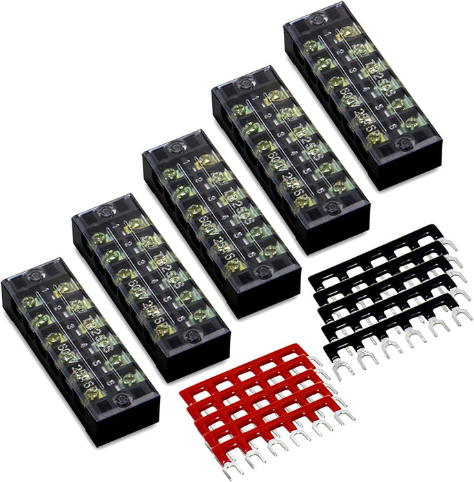 Terminal Block and Strip - 12Pcs (6 Sets) 4 Positions Dual Row 600V 25A Screw Terminal Strip Blocks with Cover + 400V 25A 4 Positions Pre-Insulated Terminals Barrier Strip Black & Red
