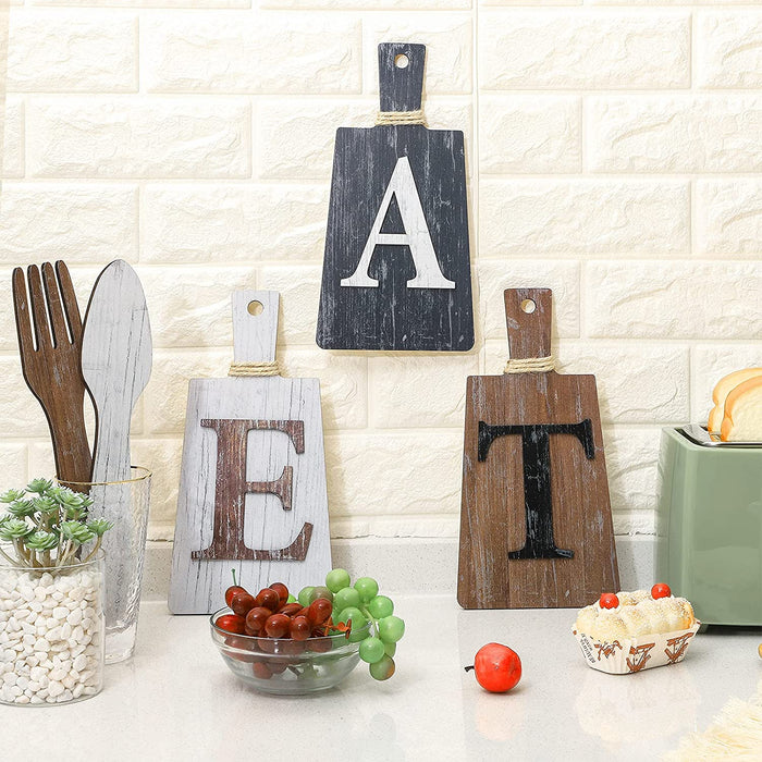 Cutting Board Eat Sign Set Hanging Art Kitchen Eat Sign Fork and Spoon Wall Decor Rustic Primitive Country Farmhouse Kitchen Decor for Kitchen and Home Decoration (Gray, White, Brown)