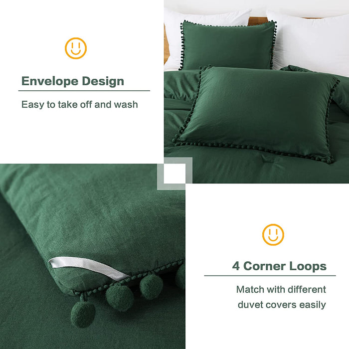 Dark Green Pom Pom Fringe Comforter Full(79X90 Inch), 3 Pieces(1 Boho Comforter and 2 Pillowcases) Aesthetic Boho Pom Comforter, Lightweight Soft Microfiber down Alternative Bedding Set