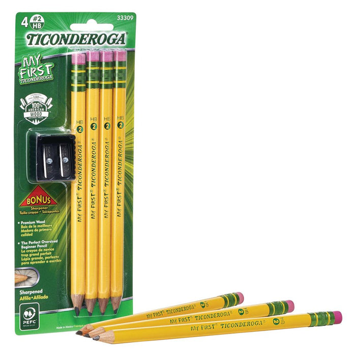 Ticonderoga My First Wood-Cased Pencils, Pre-Sharpened, Bonus Sharpener, Yellow, 4 Count