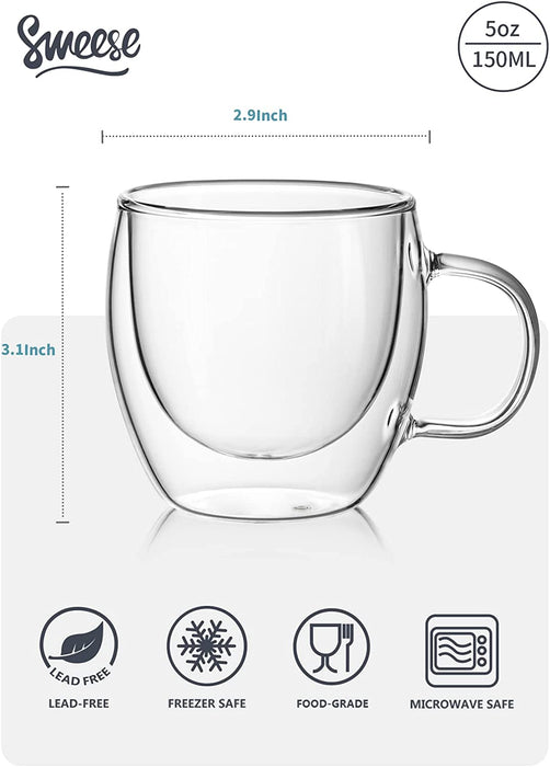 Glass Espresso Cups, 2 Pcs 5Oz Double Walled Insulated Glasses Coffee Mugs Demitasse Cups Perfect for Espresso Shot, Tea and Juice.