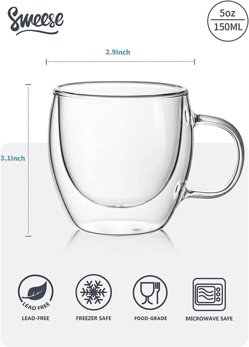 Glass Espresso Cups, 2 Pcs 5Oz Double Walled Insulated Glasses Coffee Mugs Demitasse Cups Perfect for Espresso Shot, Tea and Juice.