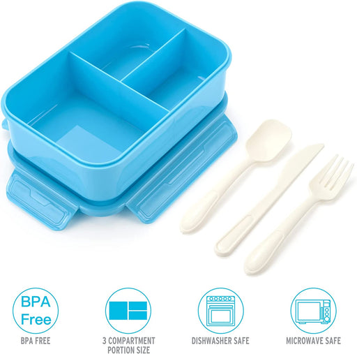 Bento Lunch Box - Leak-Proof 3 Compartment Lunch Containers for Adults and Kids Bpa-Free and Dishwasher Safe Bento Box with Spoon, Fork & Knife(Light Blue)