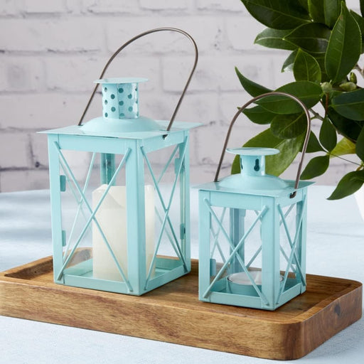 Rustic Shelf Decor Luminous Vintage Tea Light Votive Candle Holders, Medium Metal Decorative Lantern, Teal Blue