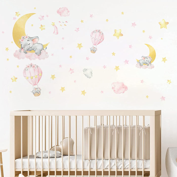 Glow in the Dark Elephant Wall Decals Stickers, Pink Moon Nursery Decor for Kids, Hot Air Balloon Star Crib Luminous Toddler Girls Home Decorations Bedroom Art