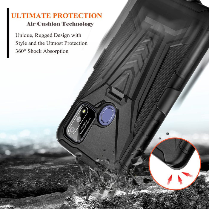 Coolpad SUVA Phone Case with Tempered Glass Screen Protector (Full Coverage),  Belt Clip Holster with Built-In Kickstand, Heavy Duty Shockproof Armor Rugged Case (Black)