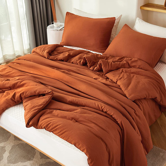 Boho Comforter Full Size Set Burnt Orange, 3 Pieces Bed Solid Terracotta Lightweight Bedding Comforter Set, Rust Fluffy Winter Quilted Blanket Set (79X90In Comforter & 2 Pillowcases)