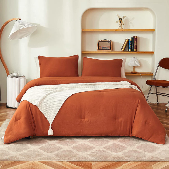 Boho Comforter Full Size Set Burnt Orange, 3 Pieces Bed Solid Terracotta Lightweight Bedding Comforter Set, Rust Fluffy Winter Quilted Blanket Set (79X90In Comforter & 2 Pillowcases)