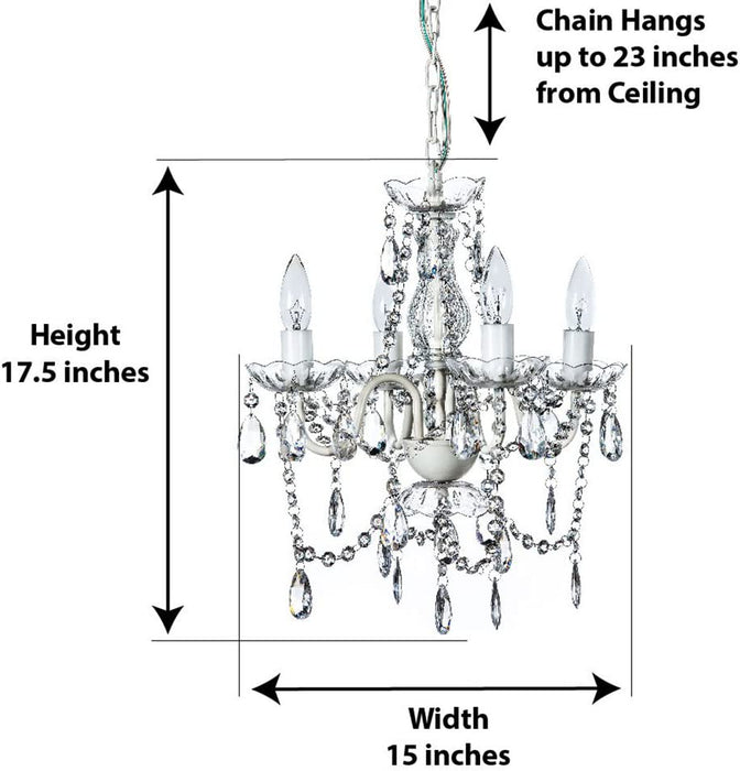 the Original 4 Light Crystal White Hardwire Flush Mount Chandelier H17.5”Xw15”, White Metal Frame with Clear Glass Stem and Clear Acrylic Crystals & Beads That Sparkle Just like Glass