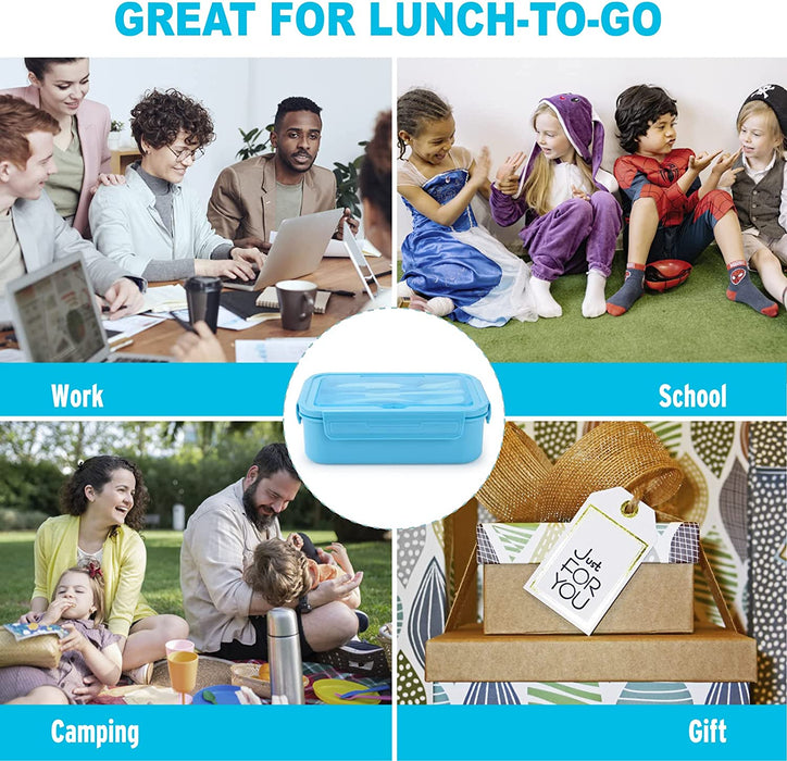 Bento Lunch Box - Leak-Proof 3 Compartment Lunch Containers for Adults and Kids Bpa-Free and Dishwasher Safe Bento Box with Spoon, Fork & Knife(Light Blue)