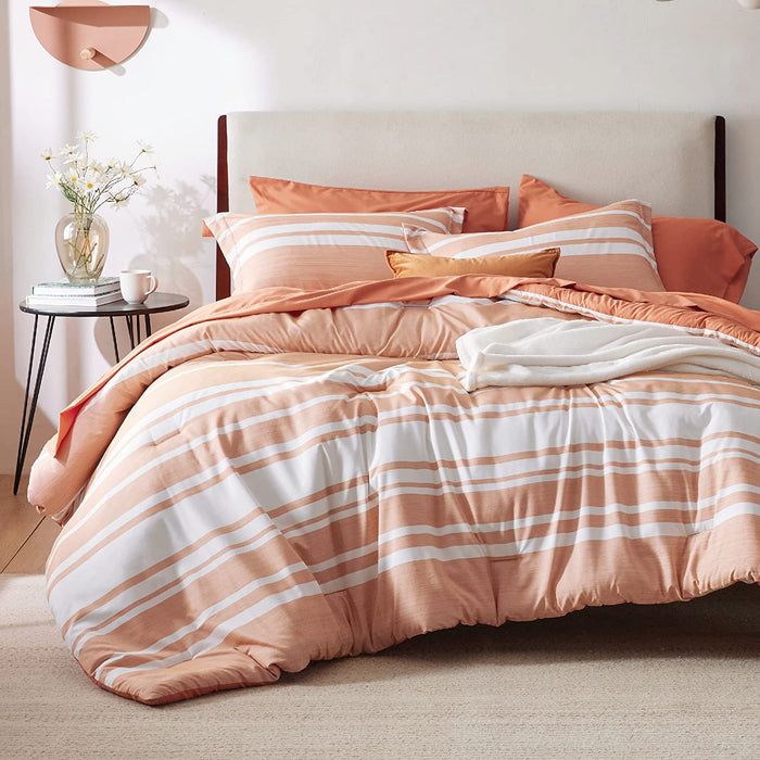 Bedsure Bed in a Bag Full Size 7-Piece Burnt Orange White Striped Bedding Comforter Sets All Season Bed Set, 2 Pillow Shams, Flat Sheet, Fitted Sheet and 2 Pillowcases