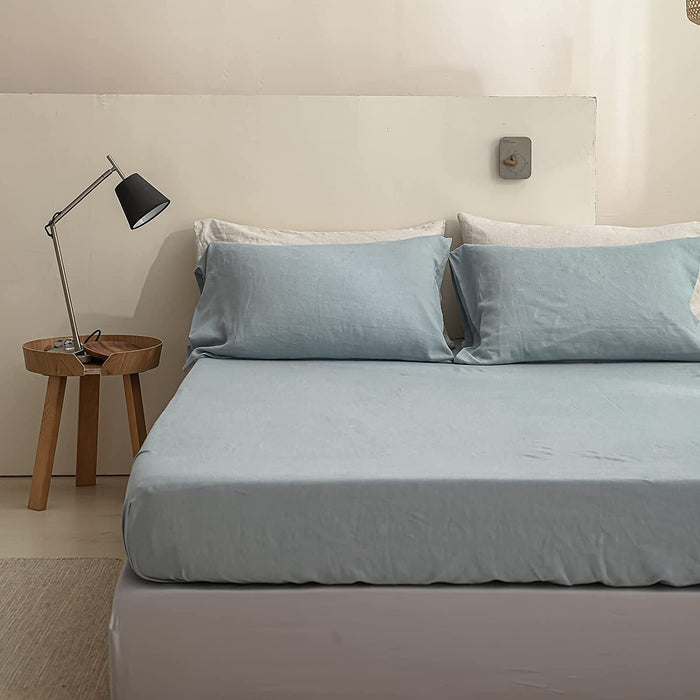 Simple&Opulence 100% Linen Sheet Set Solid Color-4 Pcs Washed French Linen Bed Sheets(1 Flat Sheet,1 Fitted Sheet,2 Pillowcases)-Breathable Bedding Set (Dusty Blue, Queen)