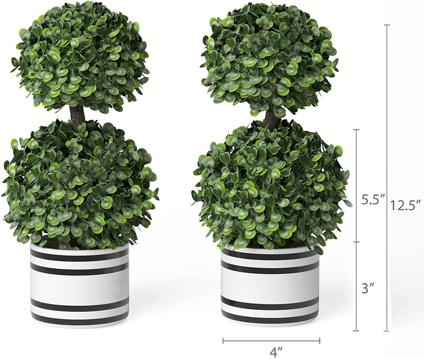 Set of 2 (12.5") Artificial Boxwood Topiary Potted Plant Decorations, Mini Faux Fake Plant Greenery Arrangements in Pots for Office Desk or Home Decor, 5.5" X 12.5"