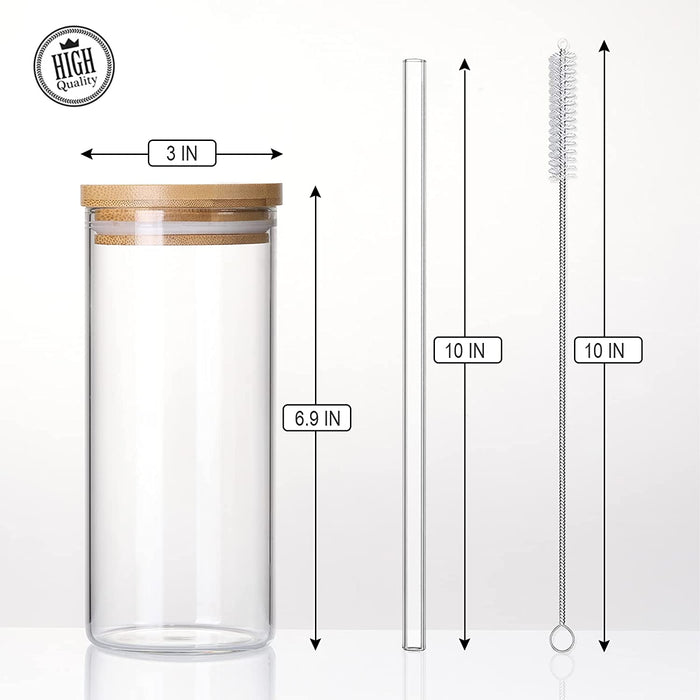 4 Set 20 OZ Drinking Glasses with Bamboo Lids and Straws, Borosilicate Glass Tumbler Cups - Tall Clear Iced Coffee Cups for Smoothie, Water, Juice, Coffee Bar Accessories - Cute Gifts, Reusable
