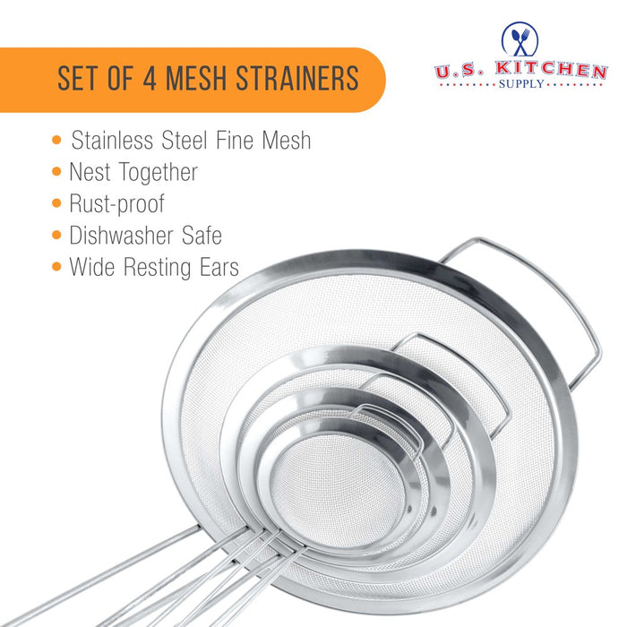 Set of 4 Fine Mesh Stainless Steel Strainers with Wide Ear Design, 3", 4", 5.5", 8"