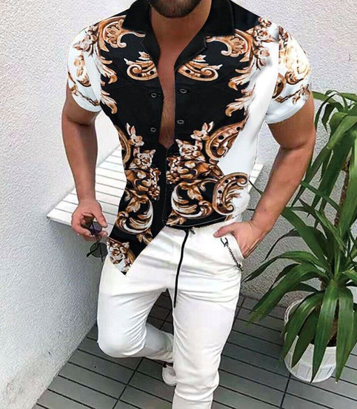 ⭐⭐Button up Shirt Men Baroque Fashion Hawaiian Short Sleeve T Casual Party Dress