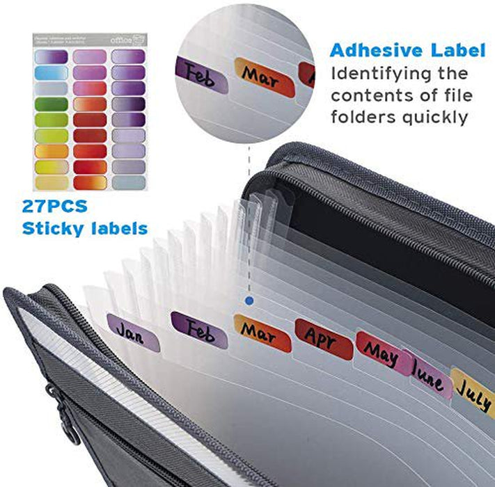 Expanding File Folder with Sticky Labels, 13 Pocket Accordion File Folder Document Organizer Expanding Zip File Folder with Zipper Closure?Letter A4 Paper Document Accordion Folder, Black