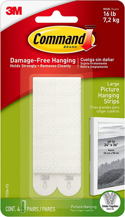 Large Picture Hanging Strips, Damage Free Hanging Picture Hangers, No Tools Wall Hanging Strips for Living Spaces, 4 White Adhesive Strip Pairs