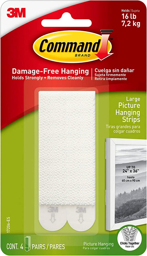 Large Picture Hanging Strips, Damage Free Hanging Picture Hangers, No Tools Wall Hanging Strips for Living Spaces, 4 White Adhesive Strip Pairs
