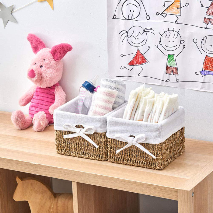 Natural Woven Seagrass Wicker Storage Nest Baskets Shelf Organizer Container Bins with Liner - Set of 4 ( 7 X 7 X 5.5 Inches)
