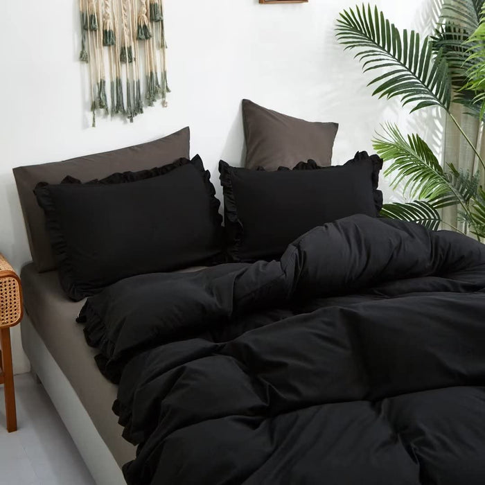 Black Comforter Set Full Black Ruffle Bedding Comforter Sets Full Men Boys Women Comforter All Black Bedding Ruffle Comforter Farmhouse Comforter Shabby Chic Bedding