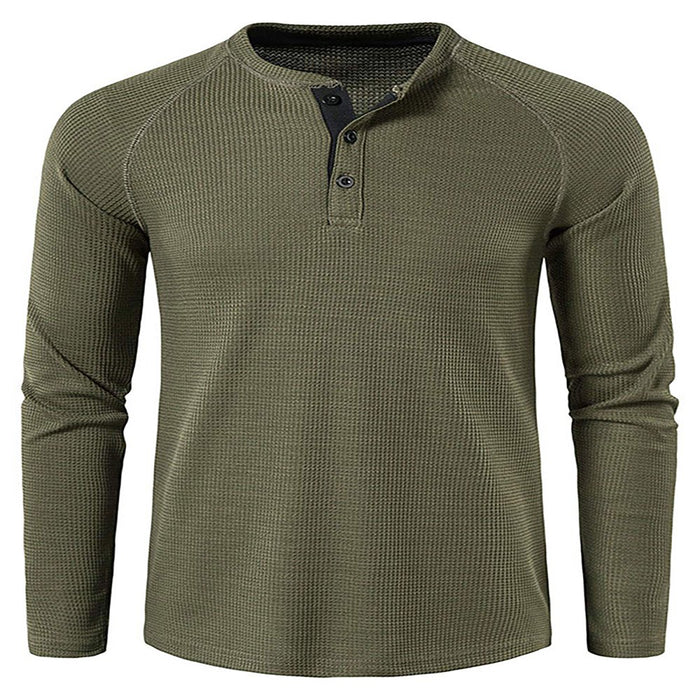Mens Fashion Waffle T Shirts Henley Neck Solid Color Pullover Work Long Sleeve T-Shirt Army Green XL