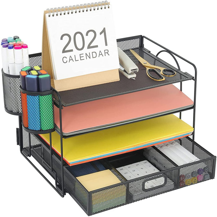 4-Trays Desktop File Organizer with Pen Holder | Paper Letter Tray with Drawer and 2 Pen Holder | Mesh Office Supplies Desk Organizer for Home Office (Black)