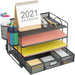 4-Trays Desktop File Organizer with Pen Holder | Paper Letter Tray with Drawer and 2 Pen Holder | Mesh Office Supplies Desk Organizer for Home Office (Black)