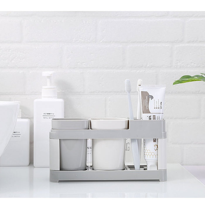Toothbrush Toothpaste Stand Holder with 2 Cups Bathroom Storage Organizer Plastic White