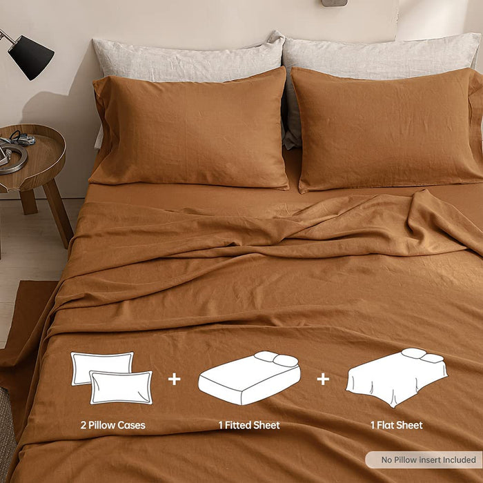 Simple&Opulence 100% Linen Sheet Set Solid Color-4 Pcs Washed French Linen Bed Sheets(1 Flat Sheet,1 Fitted Sheet,2 Pillowcases)-Breathable Bedding Set (Rust, Queen)