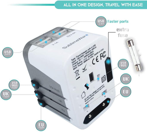 Power Plug Adapter - 4 USB Ports Wall Charger - Fast Charging Adapter for 150 Countries - Multi Port Electric Plug - Type C Type a Type G Type I F for UK Japan China EU European by