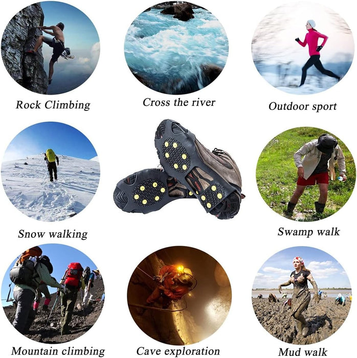 Ice Cleats, Ice Grips Traction Cleats Grippers Non-Slip over Shoe/Boot Rubber Spikes Crampons anti Easy Slip 10 Steel Studs Crampons Slip-On Stretch Footwear
